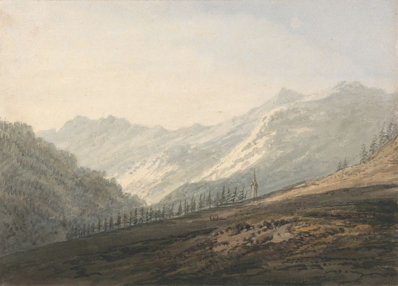 Aquarela de Thomas Girtin retratando um vale com uma cidade e montanhas