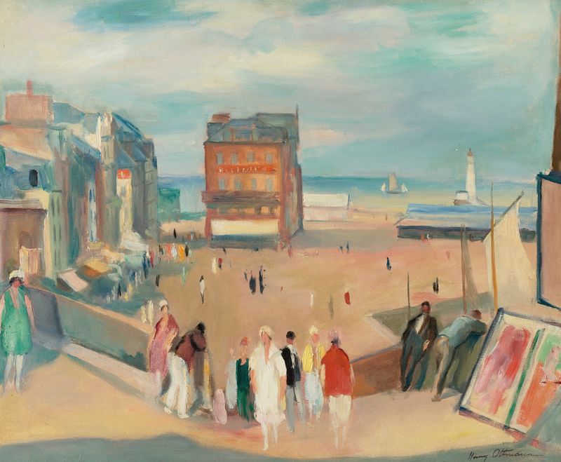 Paisagem costeira com ondas e horizonte, óleo sobre tela de Henri Ottmann