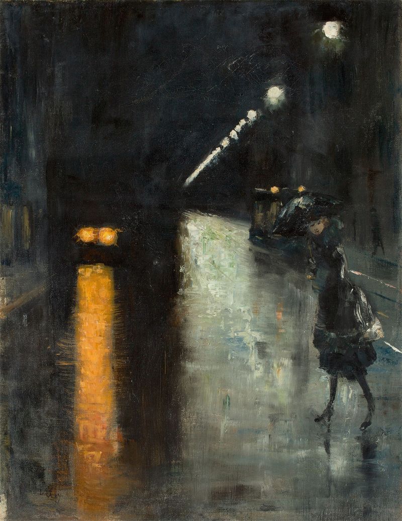 Obra de expresión de Lesser Ury que representa una escena nocturna con un farol y una calle de adoquines