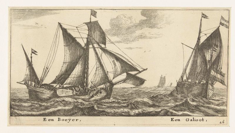 Duas embarcações na água, gravura de Reinier Nooms
