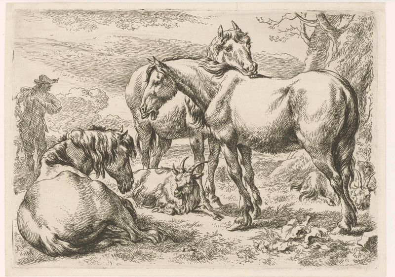 Tres caballos pastando en un paisaje, grabado de Nicolaes Pietersz Berchem