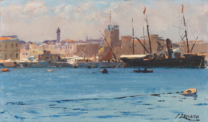 Boats in a port, oil painting by Fausto Zonaro