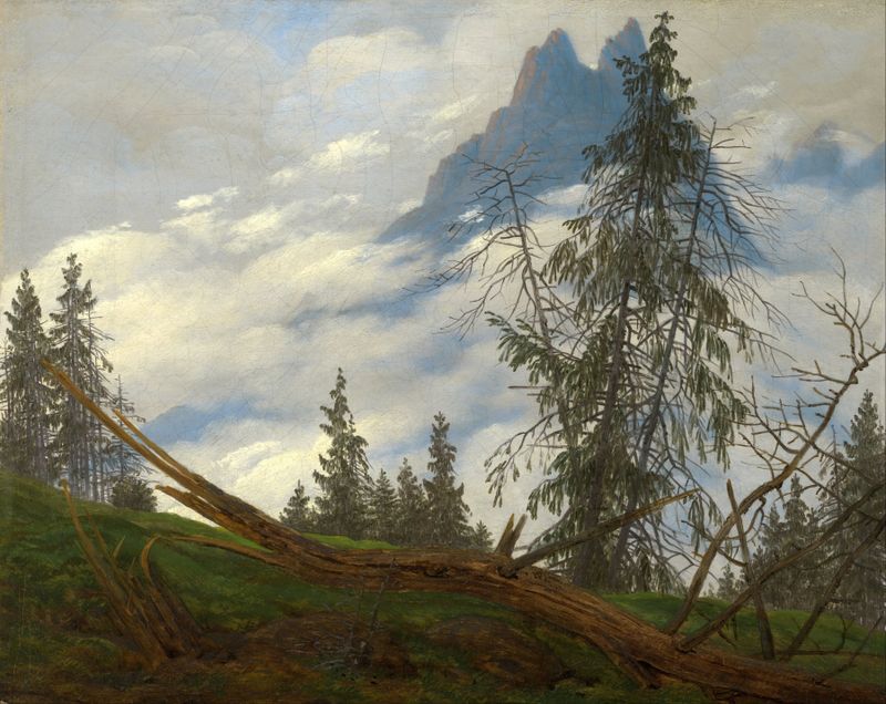 Pico da montanha com nuvens flutuantes, óleo sobre tela de Caspar David Friedrich