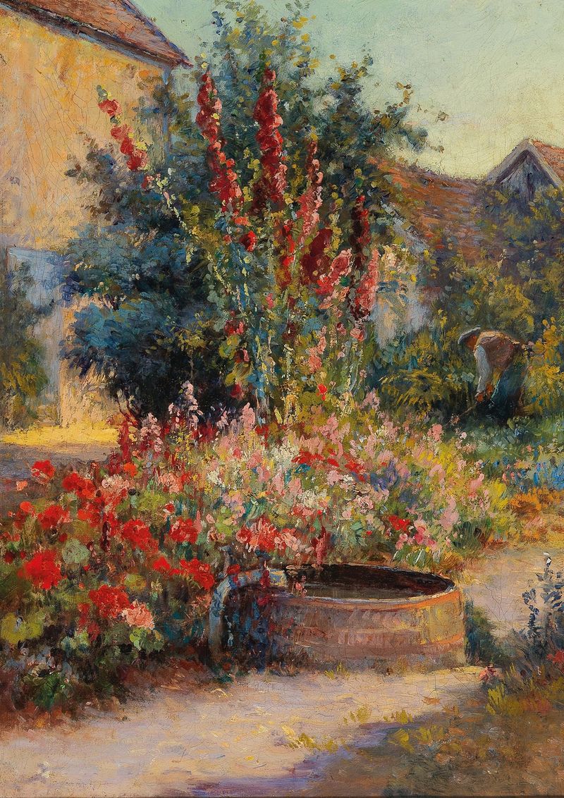 Garten in Brioni by Hugo Charlemont, oil painting depicting lush garden foliage and flowers.