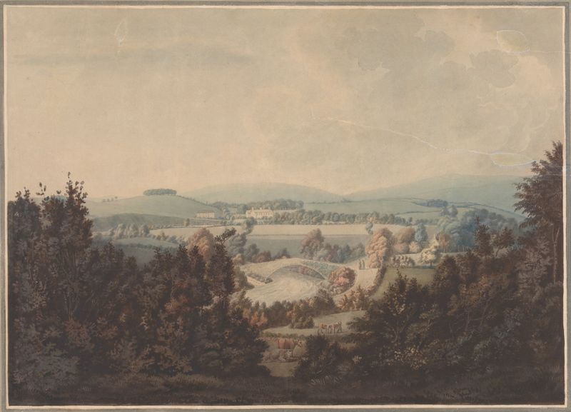 Landscape with River and a Bridge by William Green, oil painting depicting a serene river at twilight.