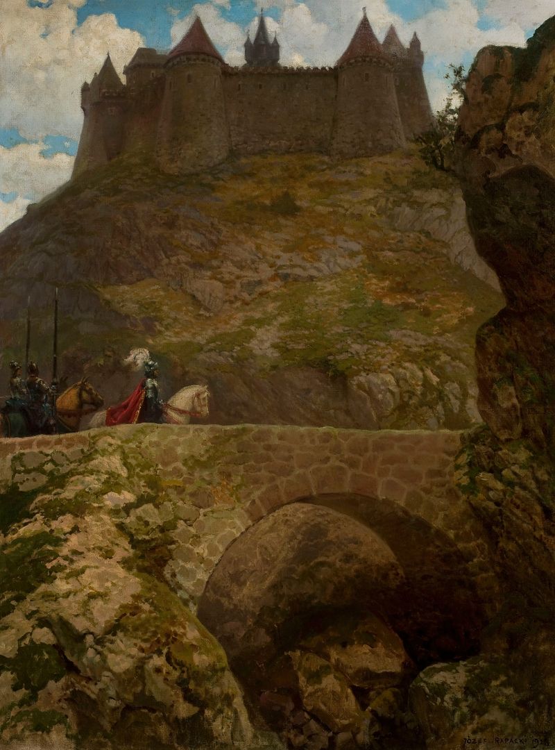 Landscape with a castle and a knight, óleo de Józef Rapacki