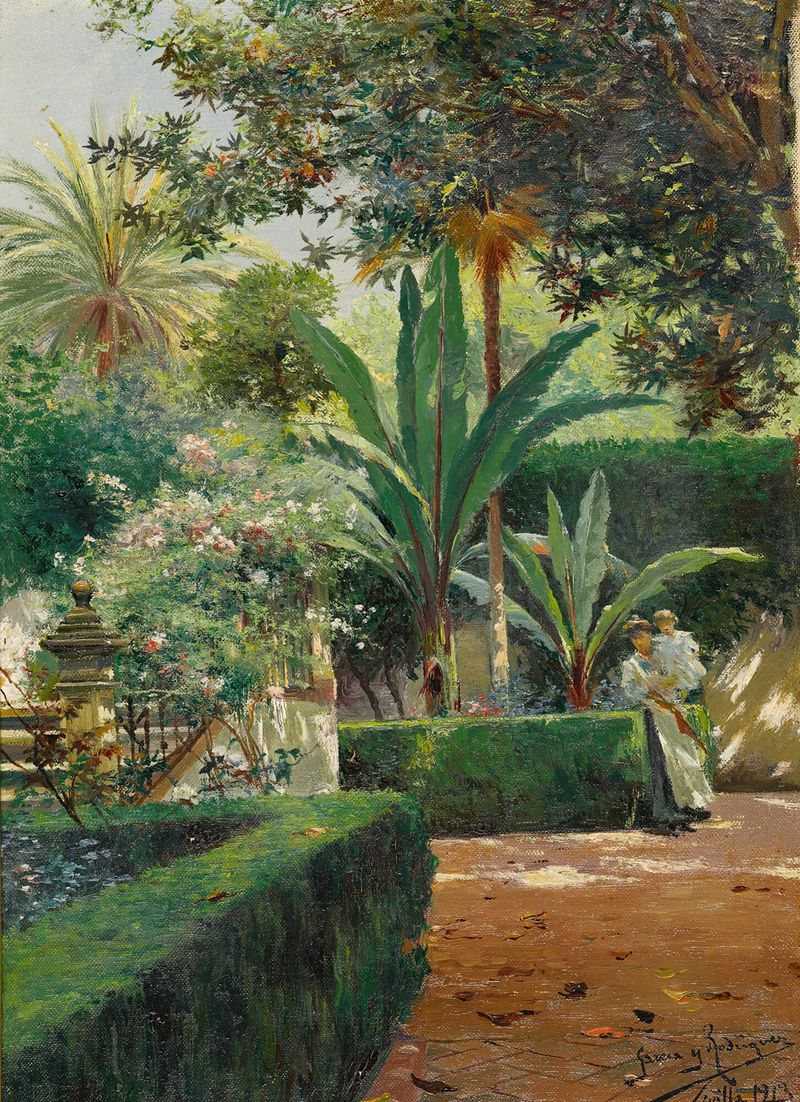 A Garden In Seville by Manuel García y Rodríguez, depicting a garden with flowers and a figure.