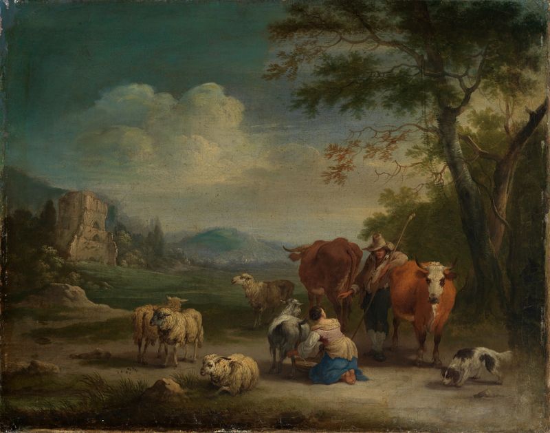 Landschaft mit Hirten und gotischer Burgruine by Pieter Bout, oil painting depicting shepherds and a Gothic castle.