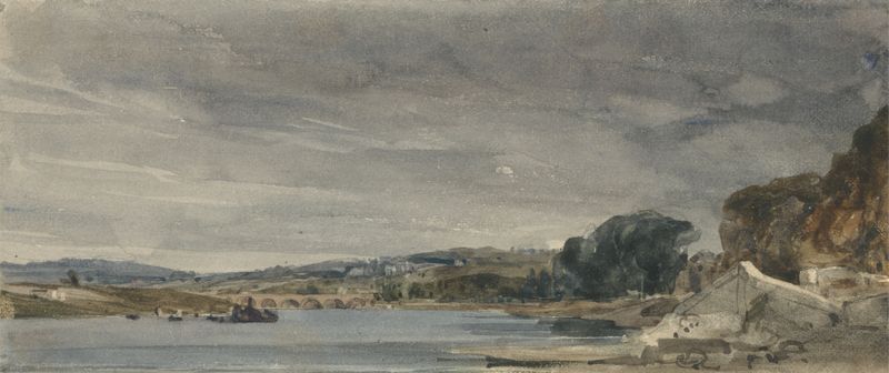 The Seine at St. Cloud, óleo sobre lienzo de William Callow, que muestra una escena fluvial animada.