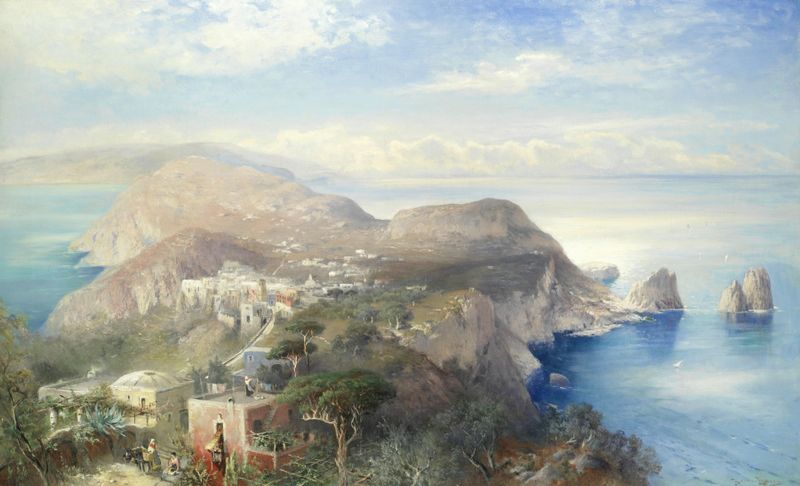 Paisagem marinha com ondas e penhascos, pintura a óleo de Heinrich Hiller