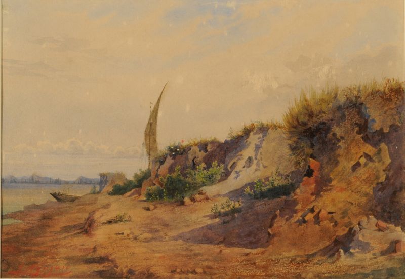 Banks of the Paraná de Giuseppe Agujari, pintura a óleo que retrata uma paisagem fluvial serena.