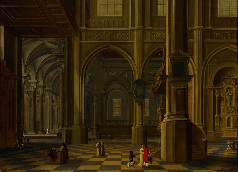 Interior of a Gothic cathedral with figures, oil on canvas by Bartholomeus van Bassen