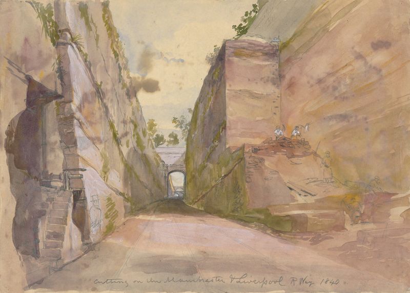 Cutting on the Manchester and Liverpool Railway by Arthur Fitzwilliam Tait, oil painting depicting a steam locomotive.