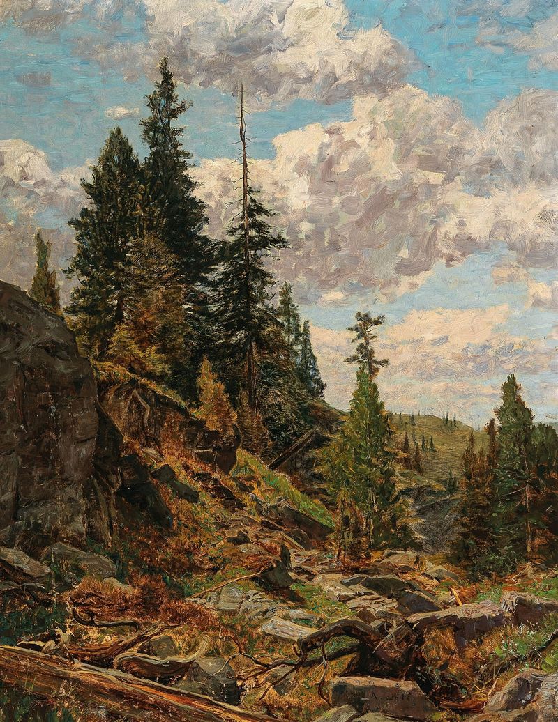 Pintura de paisaje al óleo de Alfred Zoff con montañas y un lago tranquilo