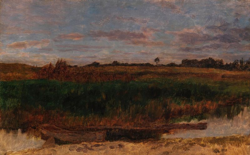 Landscape of Schilffeld mit Kahn by Carl Schuch, oil on canvas showing a river and a boat.