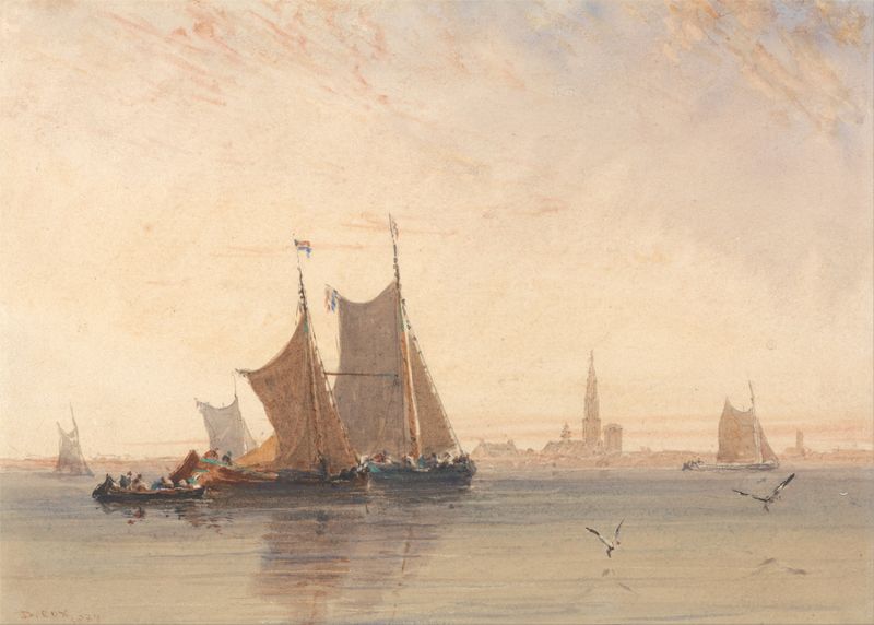 Antwerp, Morning de David Cox, óleo que representa la luz del amanecer sobre la ciudad.