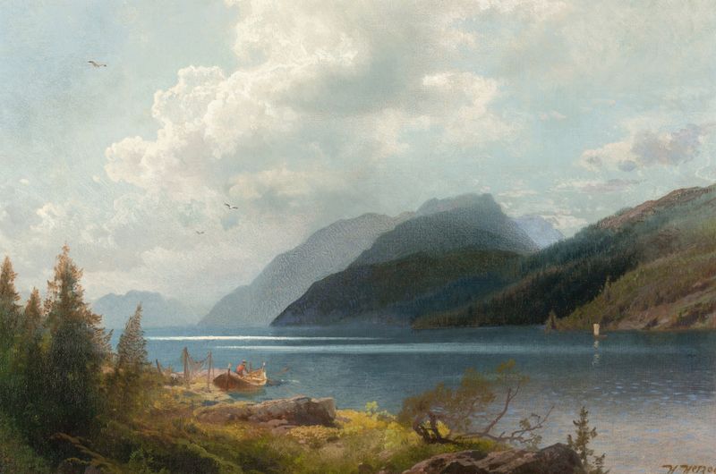 Mountain Lake, Sagne Fjord by Hermann Ottomar Herzog, oil on canvas depicting tranquil water and mountains.