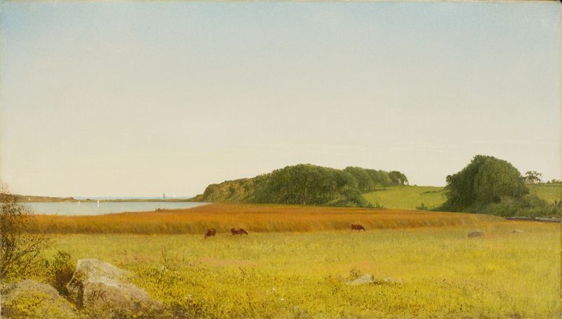 Almy’s Pond, Newport by John Frederick Kensett, oil on canvas depicting a tranquil pond and trees.