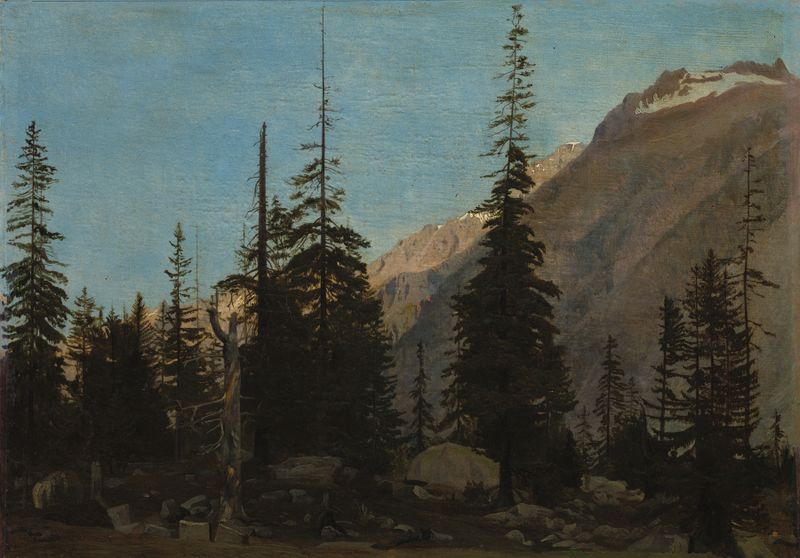 Paisaje alpino de Jean-Léon Gérôme, óleo que muestra montañas y cielo.