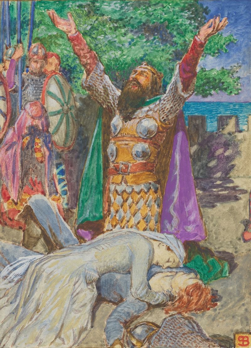 Ilustración de Byam Shaw que representa figuras entrelazadas en una escena de tristeza, medio desconocido.