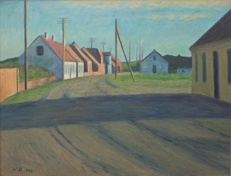 Road in a small town, oil on canvas by Niels Bjerre