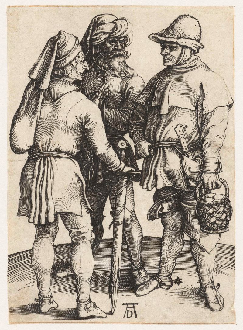 Gravura de Albrecht Dürer mostrando três agricultores em conversa.