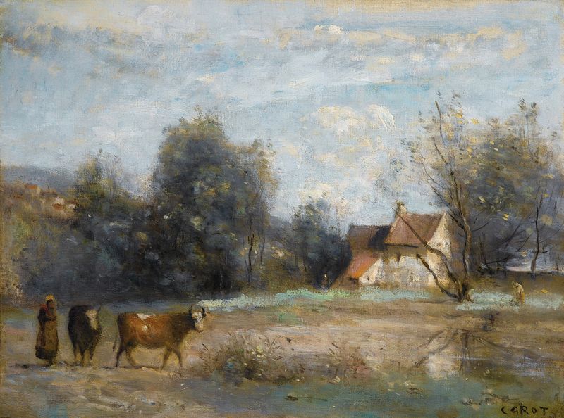 Luzancy, Petites Maisons De Paysans Au Bord De L’eau, óleo sobre lienzo de Jean-Baptiste-Camille Corot