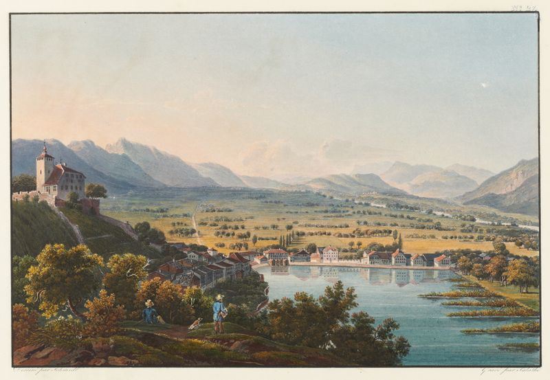 Paisagem com um castelo e um vale de Johann Ludwig Bleuler, meio desconhecido.