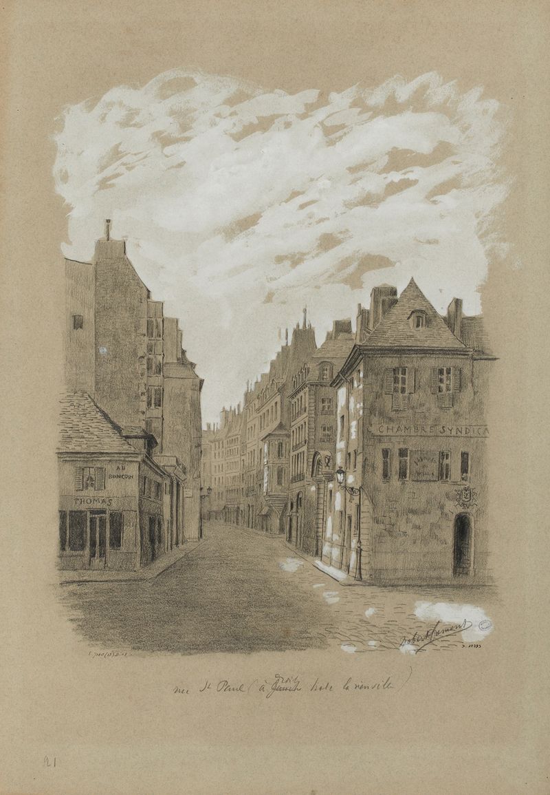 Landscape of Rue Saint-Paul, cobblestone street, buildings, by Robert Frémont, oil painting