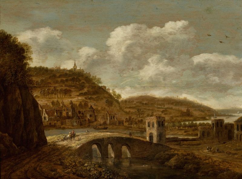 Mountain landscape with a bridge by Dionijs Verburg, oil painting showing a tranquil river and mountains.