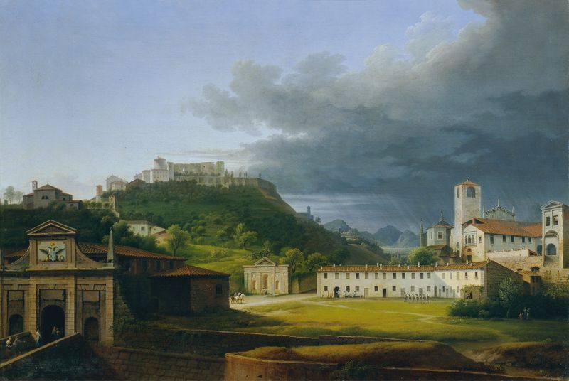 Paisagem com montanhas na névoa de Marco Gozzi, pintura a óleo