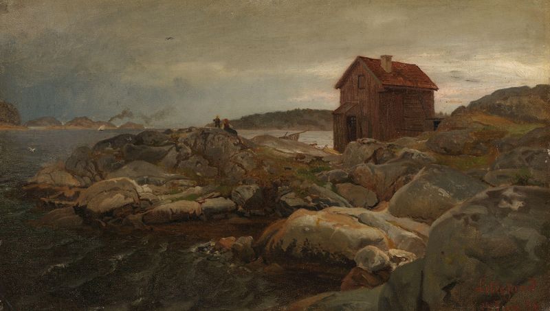 A Fisherman’s Home, Lillesand de Hans Gude, óleo sobre lienzo que muestra un bote de pesca cerca de aguas tranquilas.