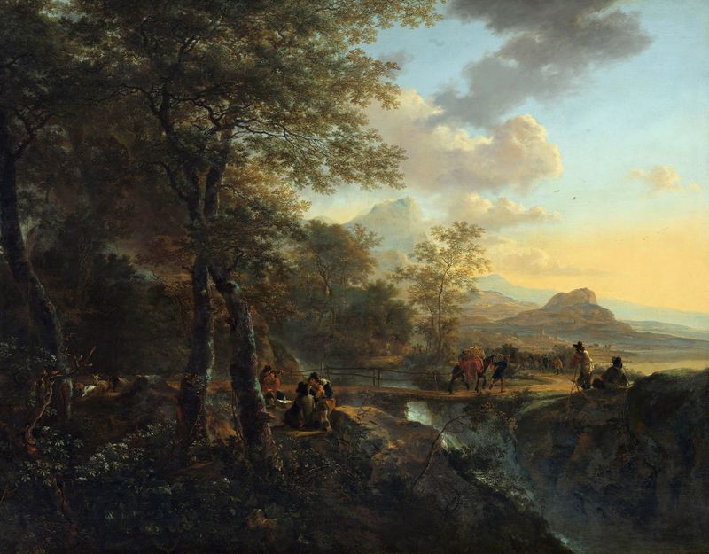 Italian Landscape with a Draughtsman by Jan Both, oil painting depicting a draughtsman in a vibrant landscape