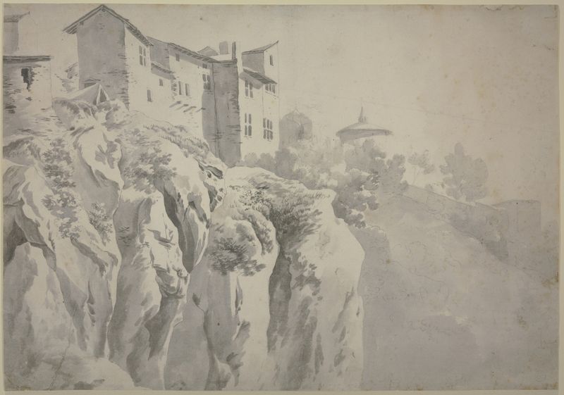 Etching by Jean-Jacques de Boissieu of houses on high rocks with clouds.
