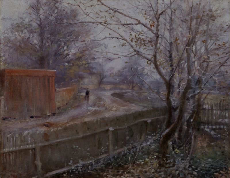 Paisaje de otoño con costa y luz dorada de Nils Kreuger, pintura al óleo