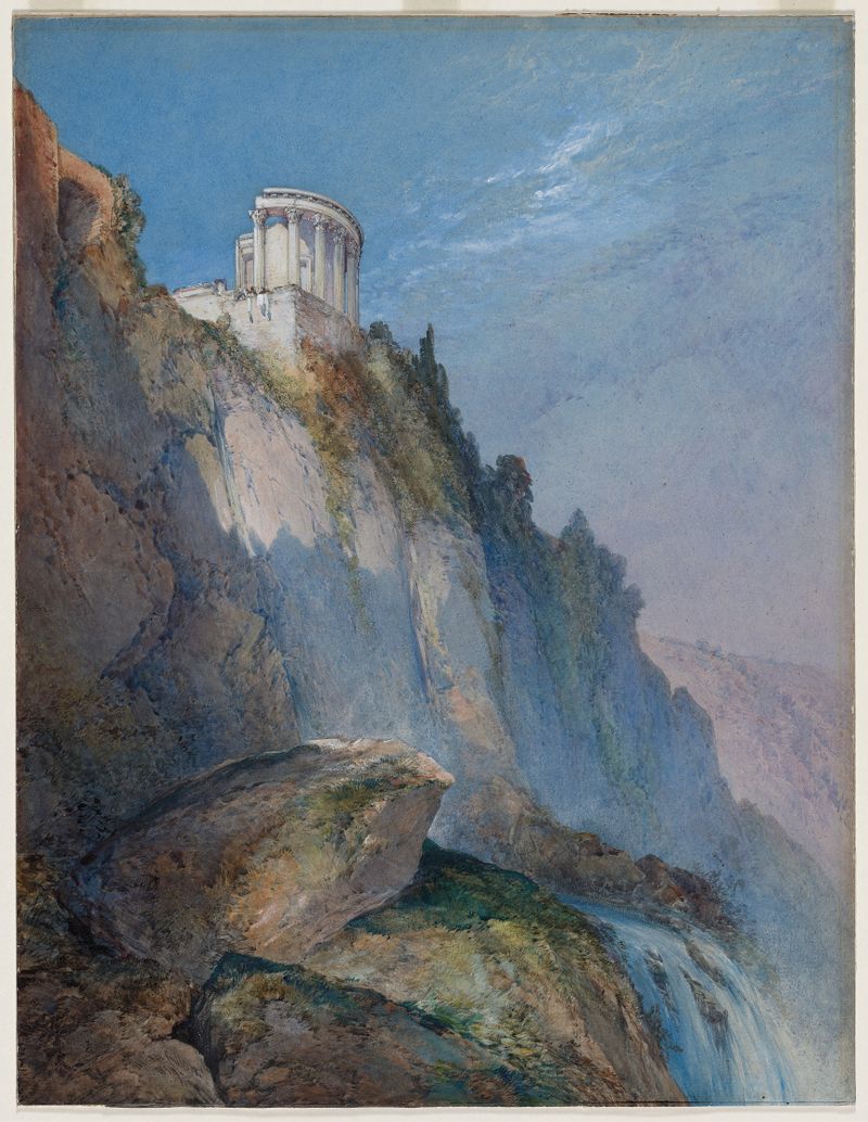 Aquarela de William Callow representando O Templo de Vesta e as Quedas em Tivoli