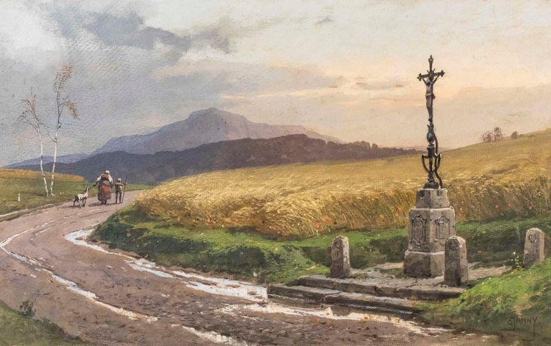Paisaje que muestra un campo de maíz y un camino sinuoso de Georg Janny