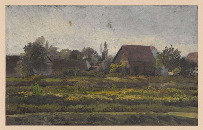 Rural buildings in Jelcz de Adolf Dressler, que muestra un paisaje sereno con estructuras pintorescas y luz suave.