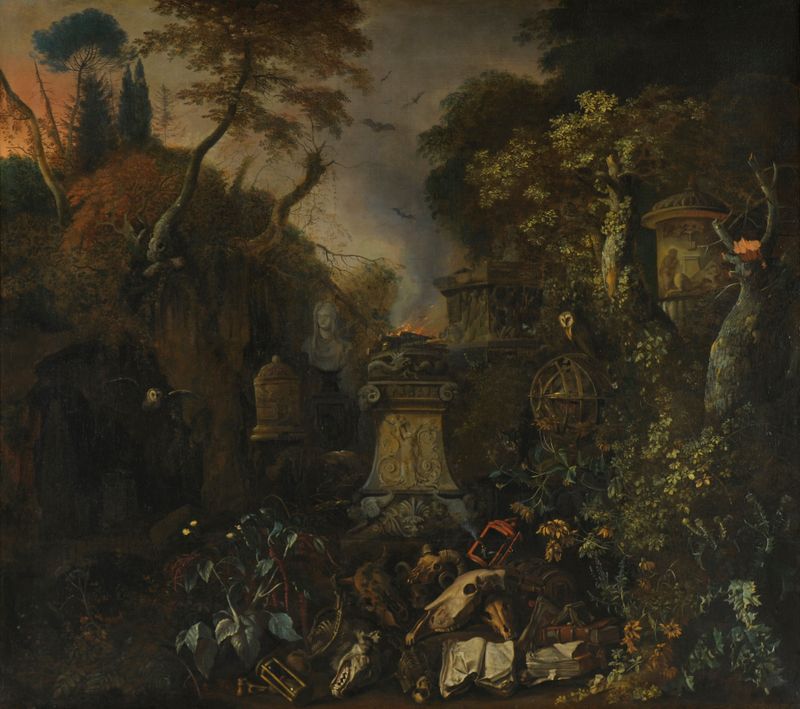 Night landscape featuring a graveyard with moonlight, by Matthias Withoos