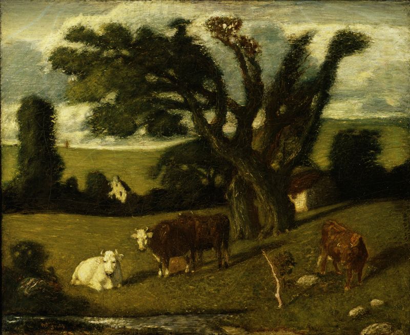 Pastoral Study de Albert Pinkham Ryder, pintura al óleo que representa un paisaje de río tranquilo con vegetación