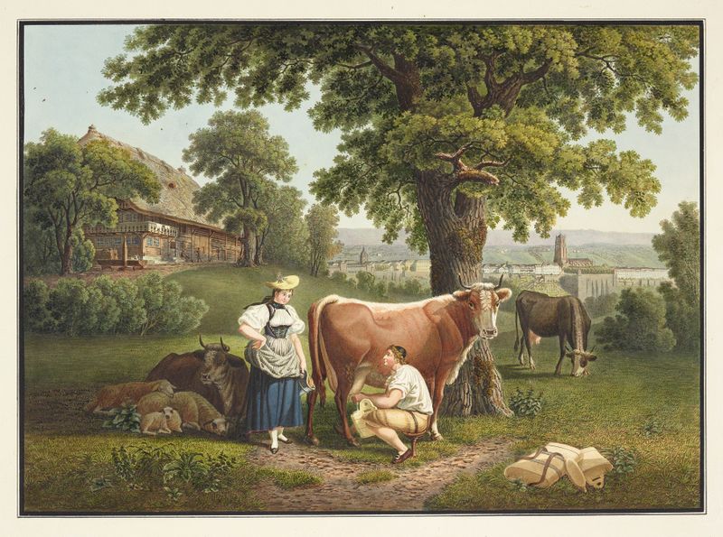 Vue de Berne depuis le Sandrain, pintura al óleo de Gabriel Lory the older, que representa colinas y un cielo brillante.