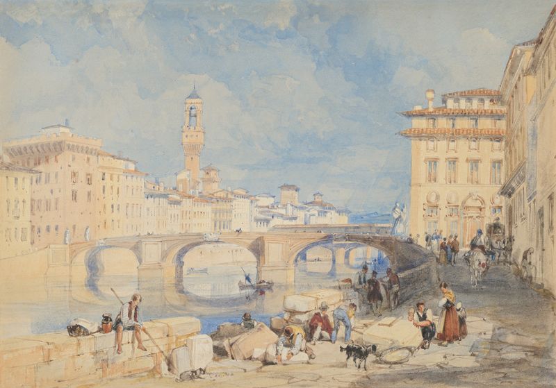 Ponte Santa Trinità de James Duffield Harding, representando uma ponte sobre o rio Arno, pintura a óleo