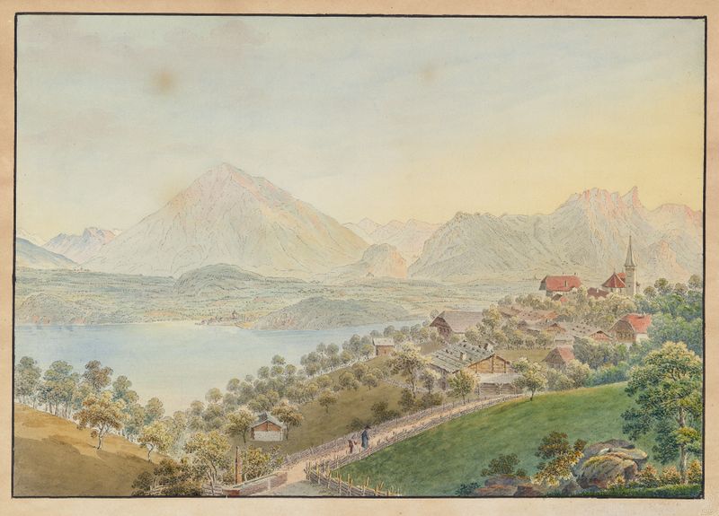 Landscape of Sigriswil with lake and mountains, oil painting by Jakob Samuel Weibel.