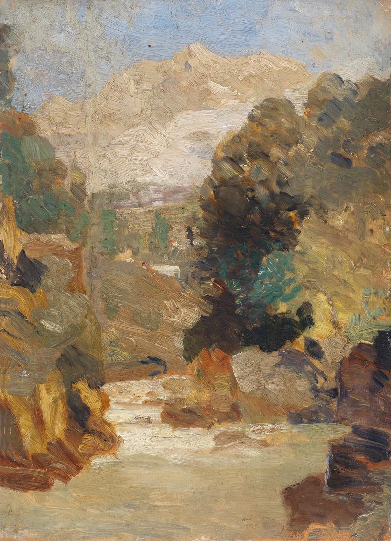 Paisagem com colinas e montanhas, pintura a óleo de Tina Blau