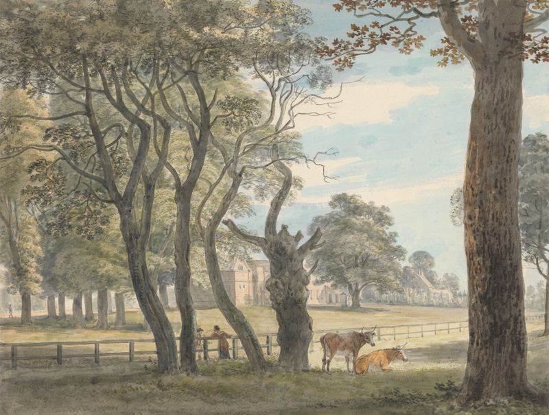 The Gunpowder Magazine, Hyde Park de Paul Sandby, pintura al óleo que representa un paisaje tranquilo.