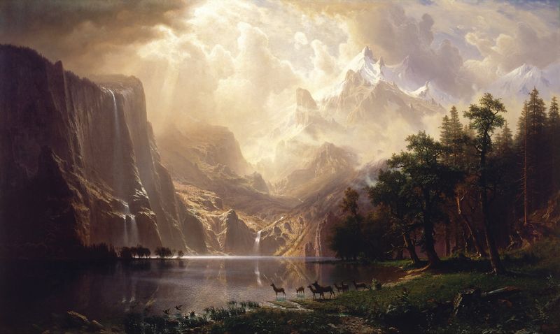 Paisagem de montanhas ao pôr do sol, óleo sobre tela de Albert Bierstadt