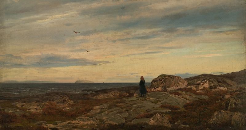 Syd-syd-vest, Hvaler de Amaldus Nielsen, pintura a óleo que retrata um pôr do sol tranquilo sobre o mar.