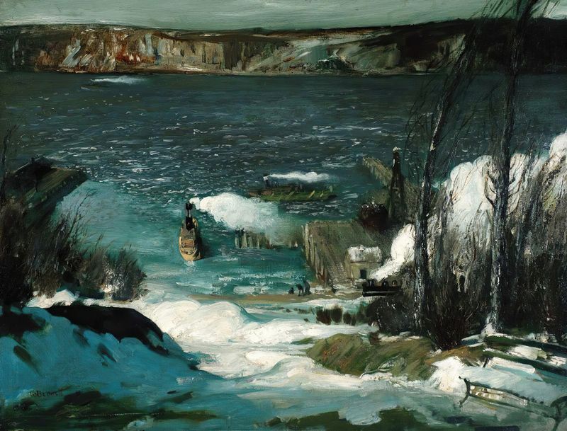 North River de George Wesley Bellows, pintura a óleo que retrata águas turbulentas e céus escuros
