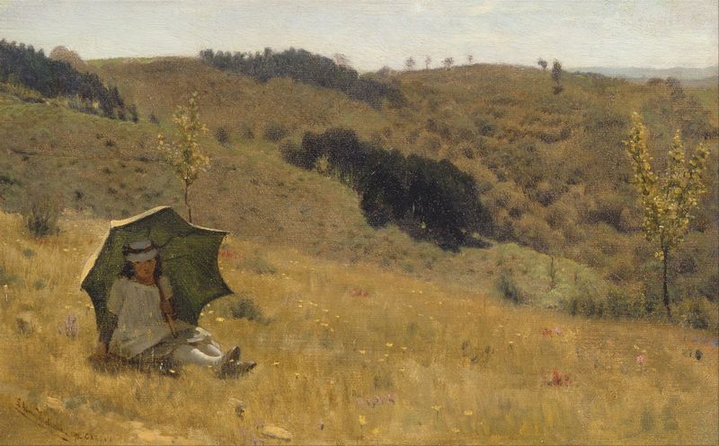 Cena figurativa com figuras iluminadas pelo sol em uma atmosfera quente de Lawrence Alma-Tadema, pintura a óleo