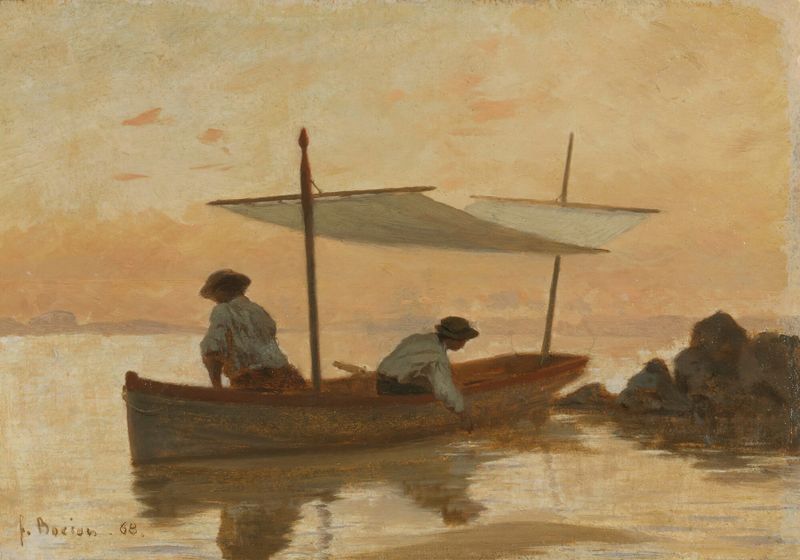 Boat on a beach with waves, oil on canvas by François Bocion